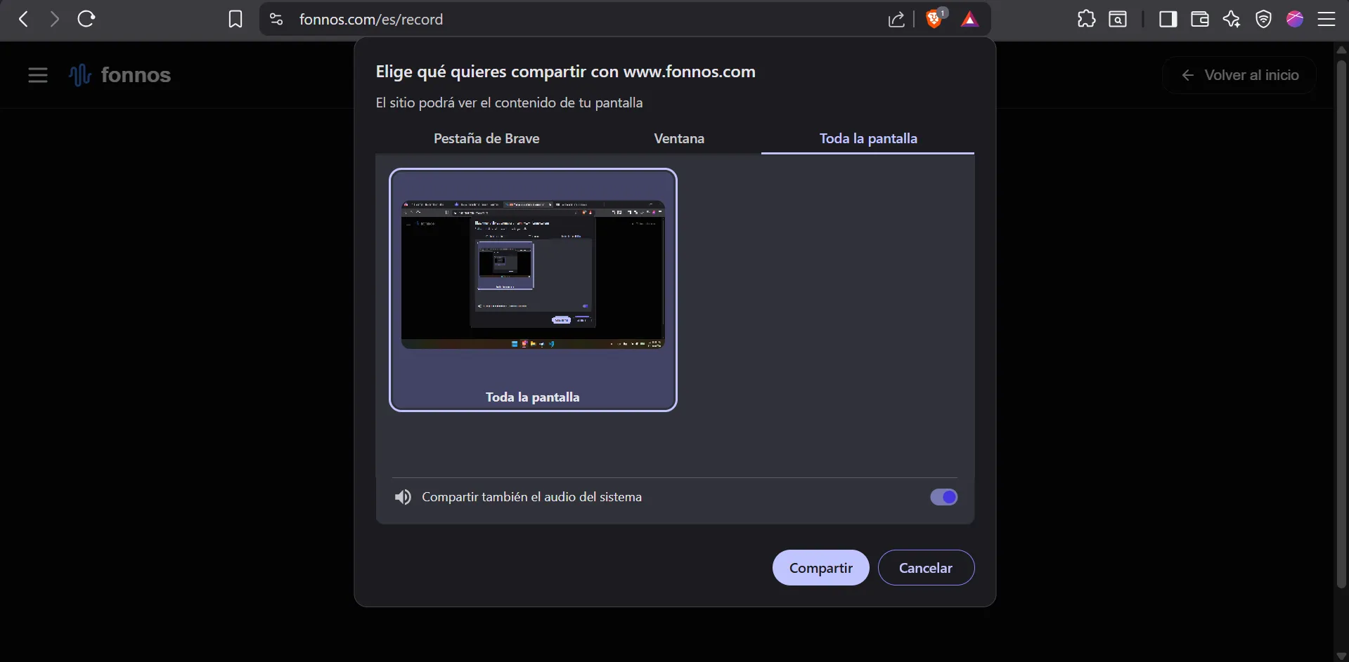 Diálogo del navegador para compartir pantalla, con la opción de audio del sistema activada