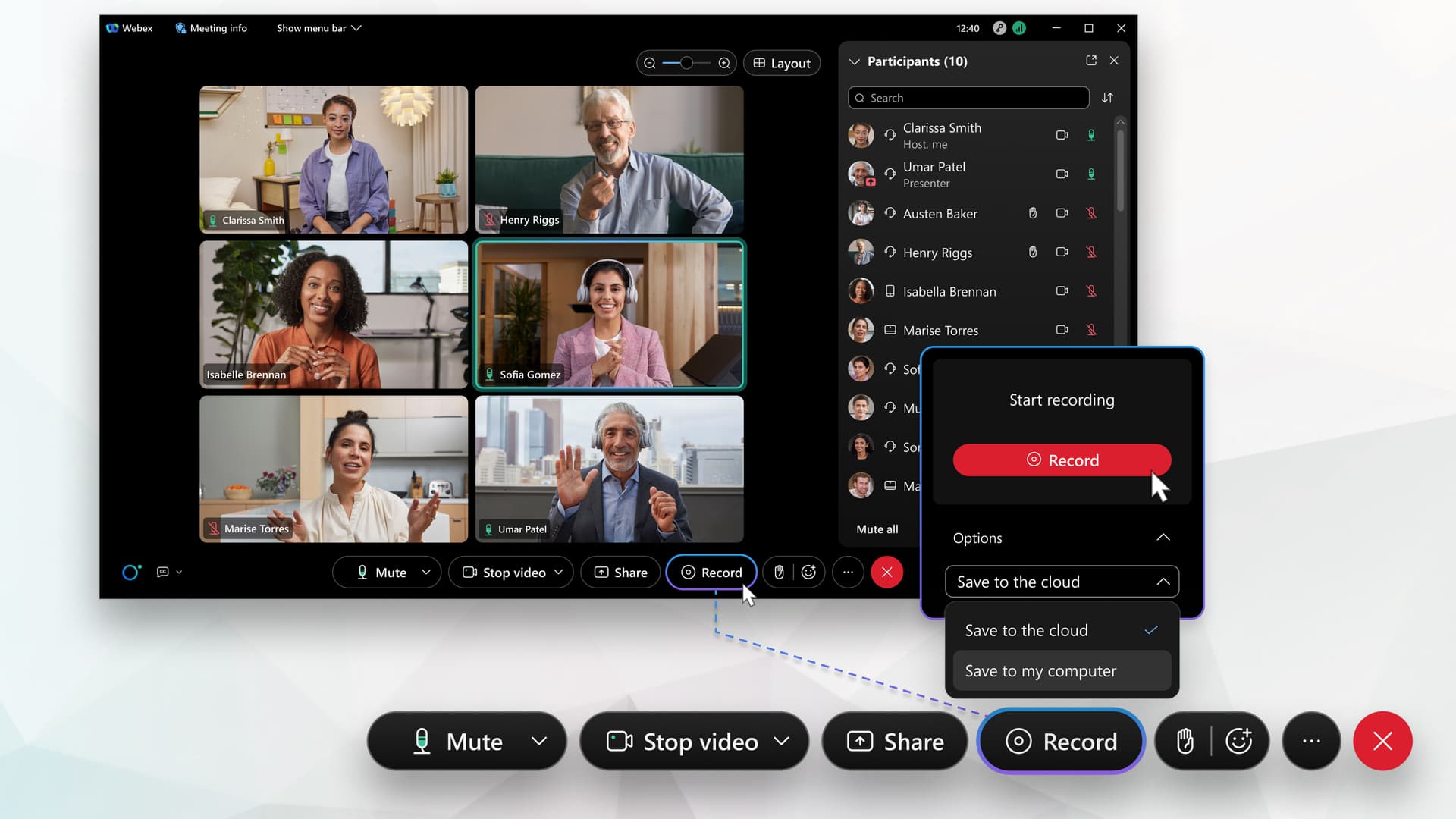 Webex native recording controls showing the record button
