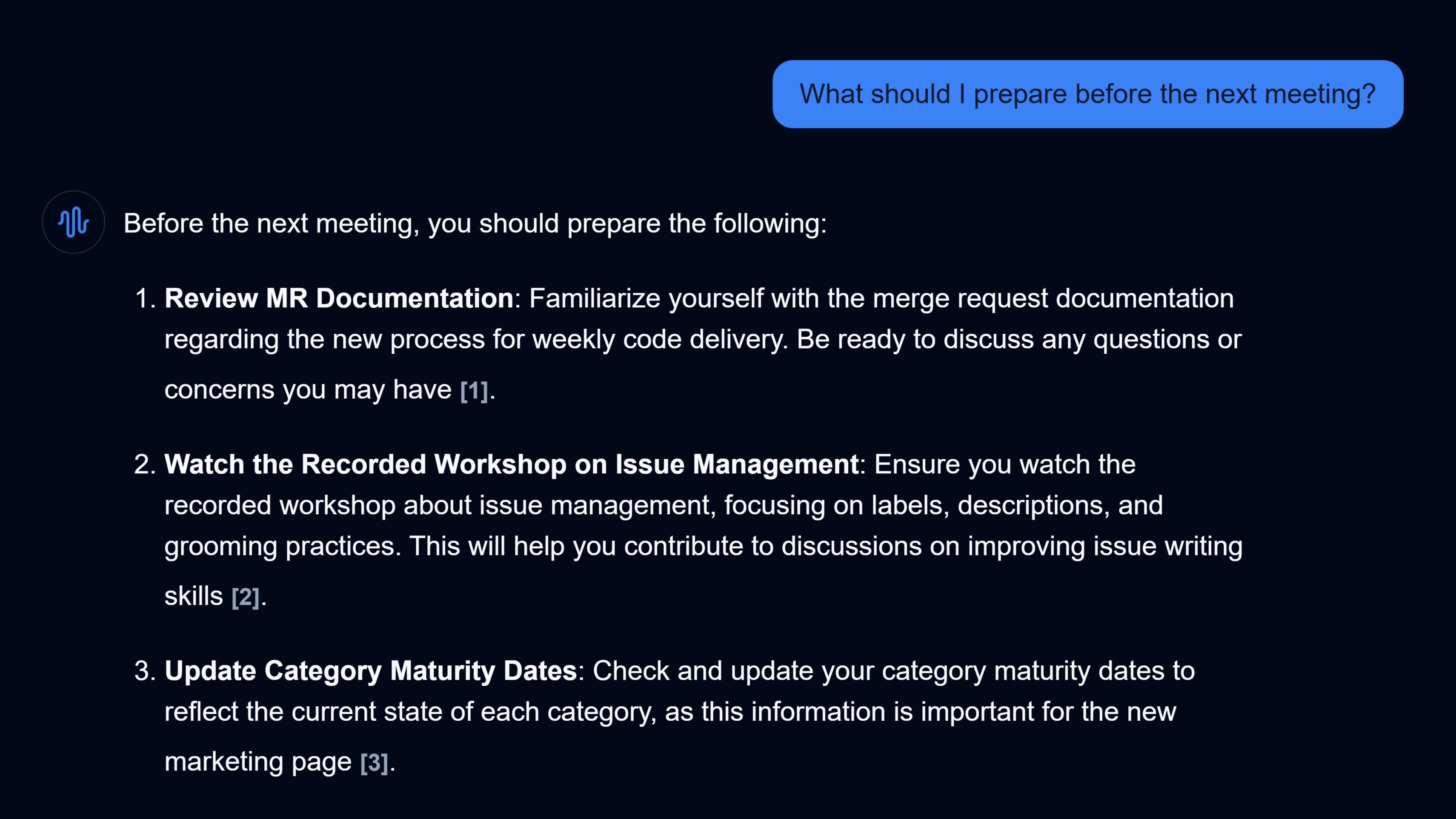 Chat interface asking questions about the recorded meeting