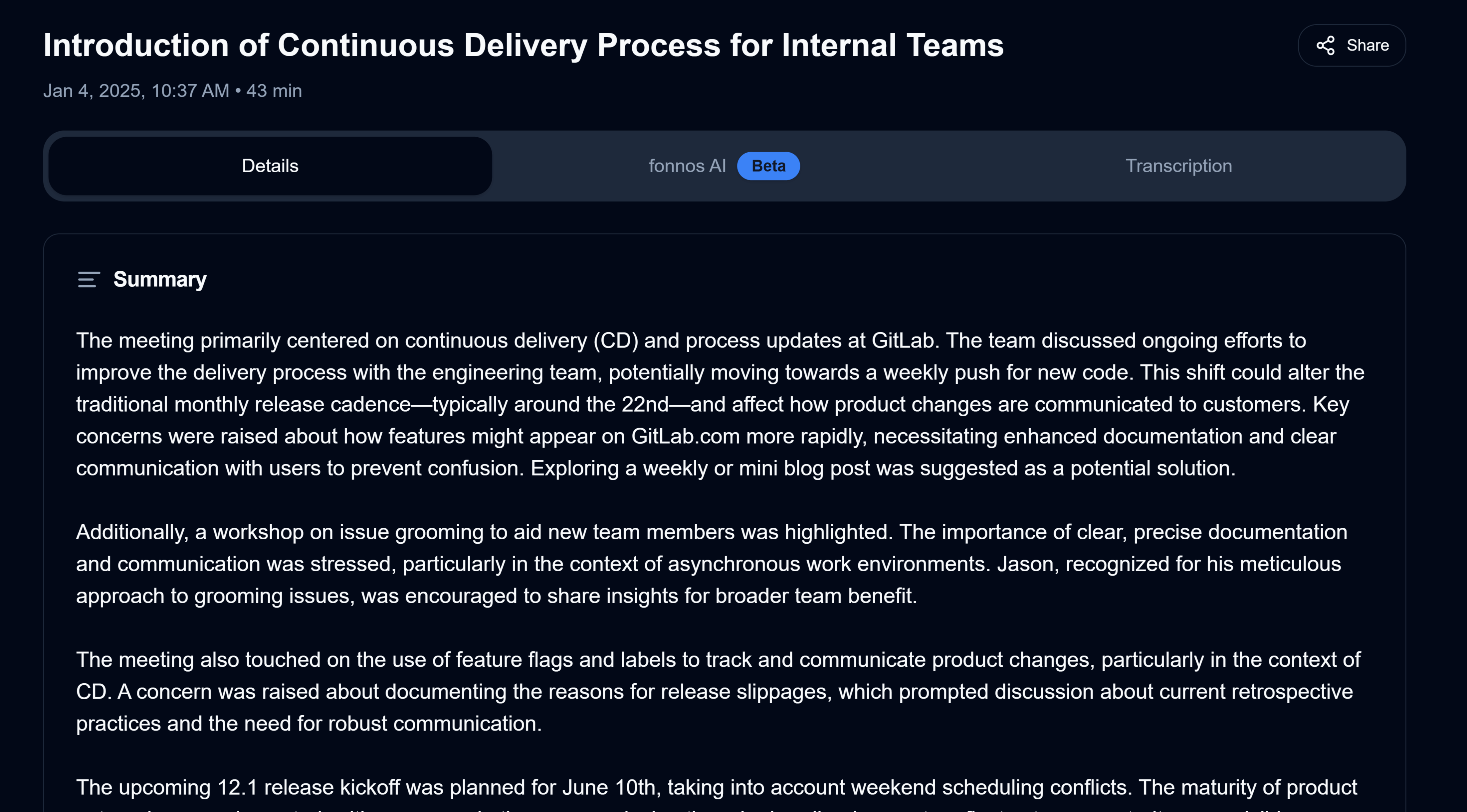 AI-generated meeting summary showing key points